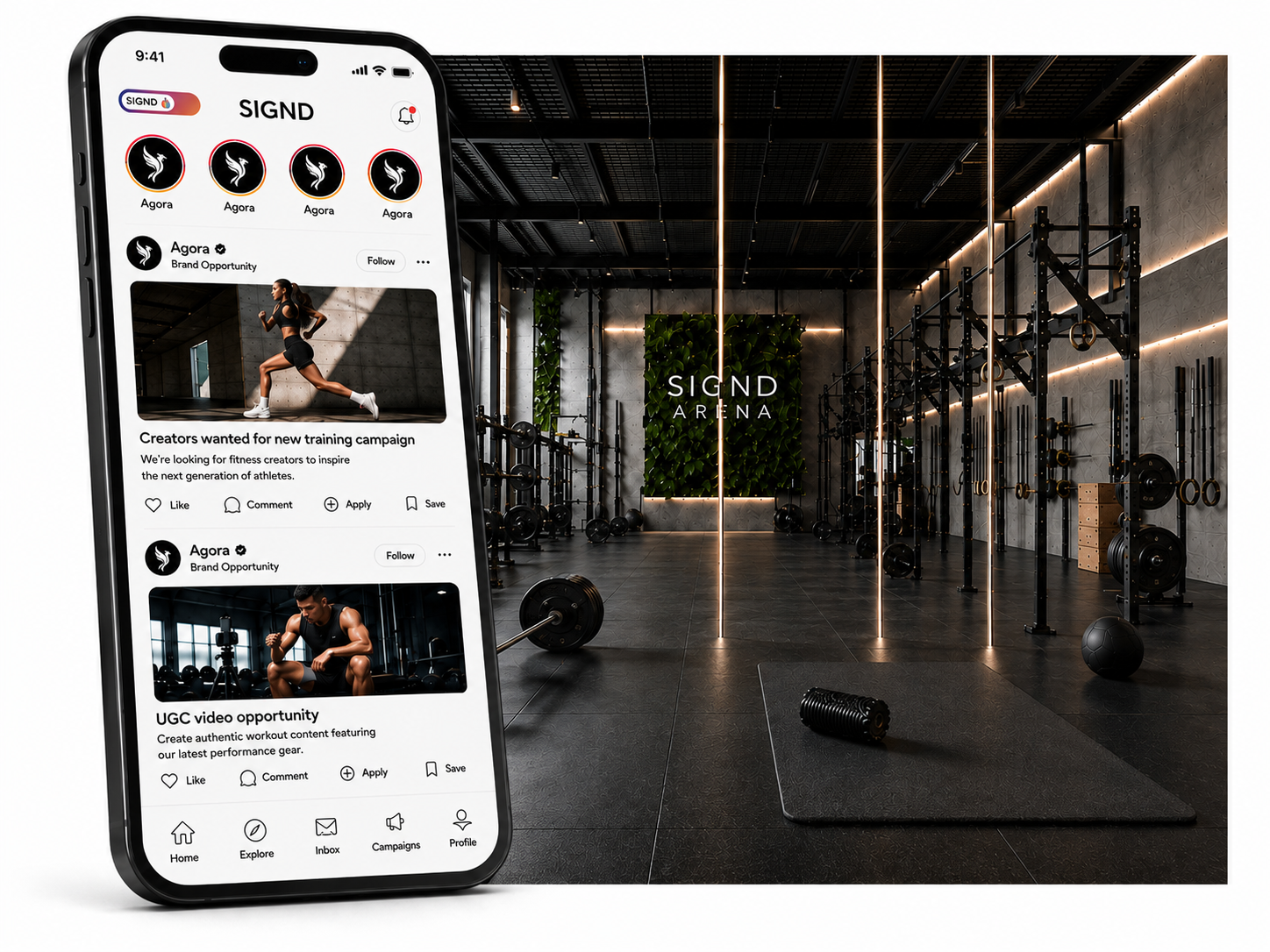 SIGND app shown on a phone in front of a gym