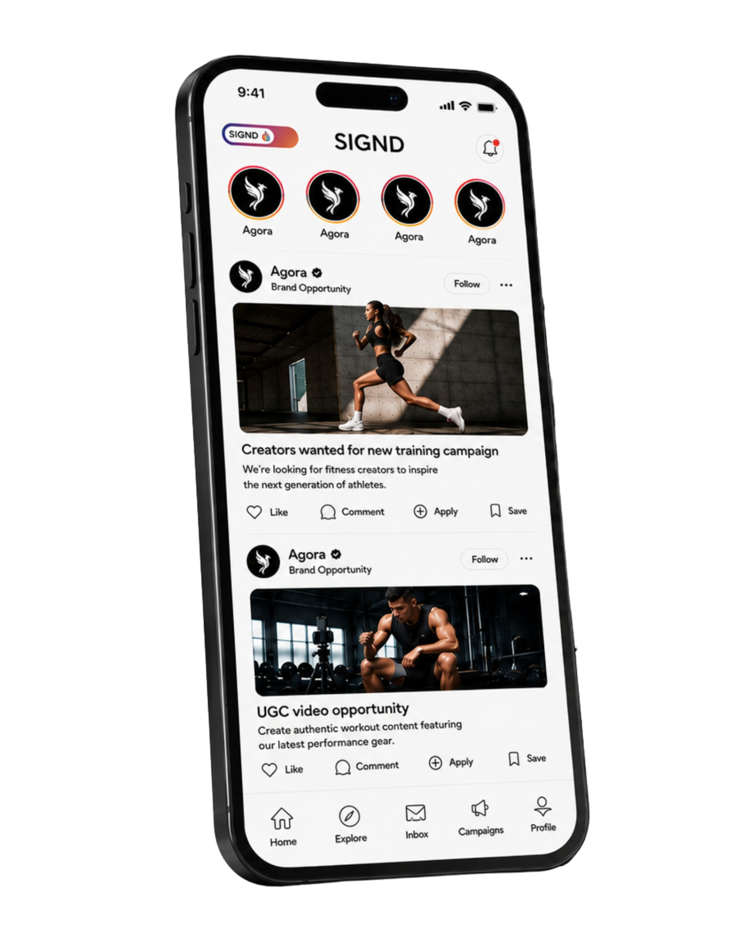 The SIGND app MVP showing brand opportunities and campaigns